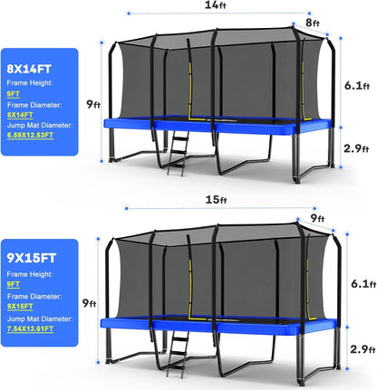 1500LBS Weight Capacity Rectangle Trampoline 10X17Ft 9X15FT 8X14FT Outdoor Square Gymnastics Trampolines with Basketball Hoops for Kids Adults Long Large Big Rectangular Tumbling Trampolin
